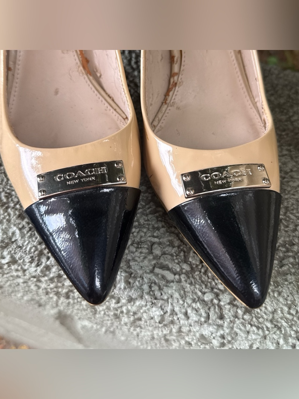 Coach Two-Tone Patent Pointed Toe Flats in Beige and Black